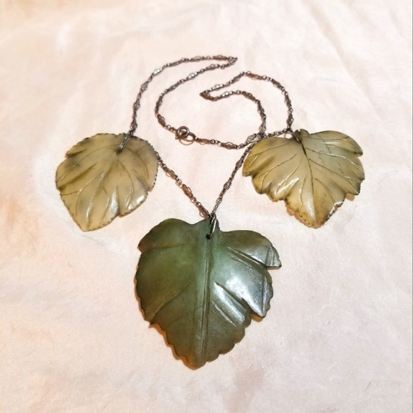 Antique Jewelry - Antique Hand Carved Jade Leaf Motif Sterling Necklace